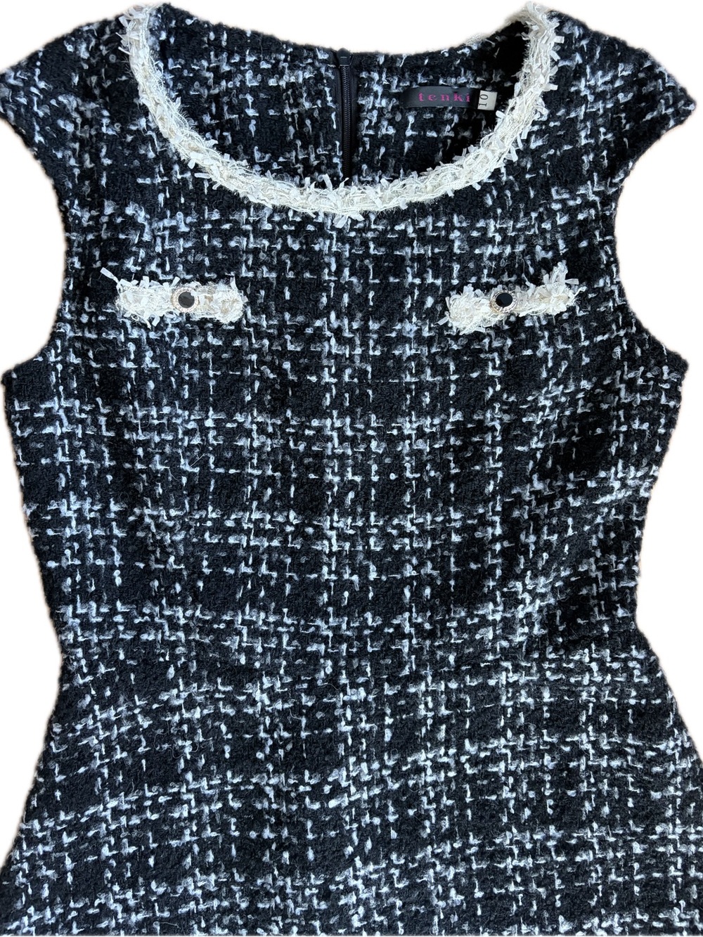 Tweed Sleeveless Shift Dress with Cream Trim